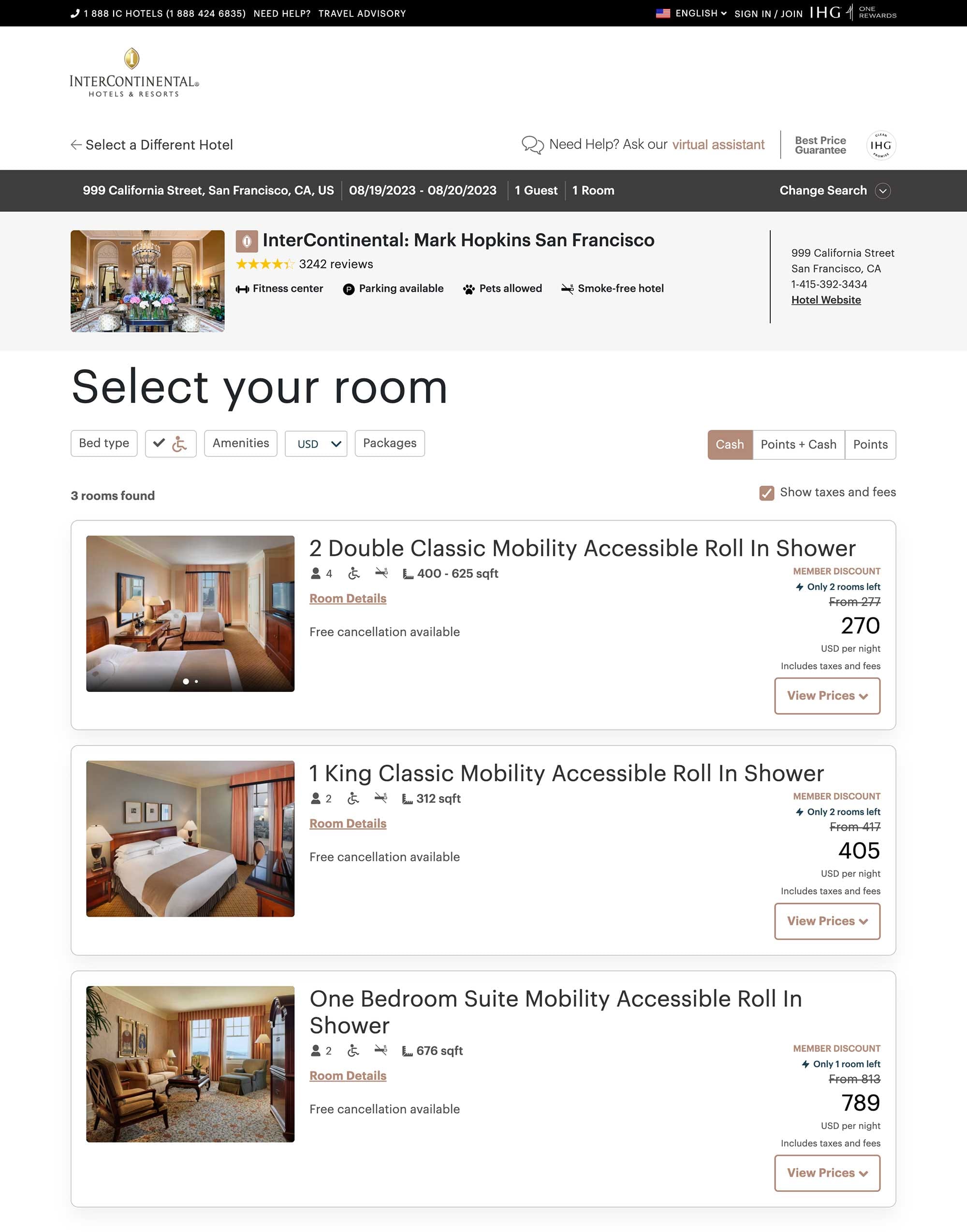 Screenshot of hotel website that shows accessible rooms and inventory.