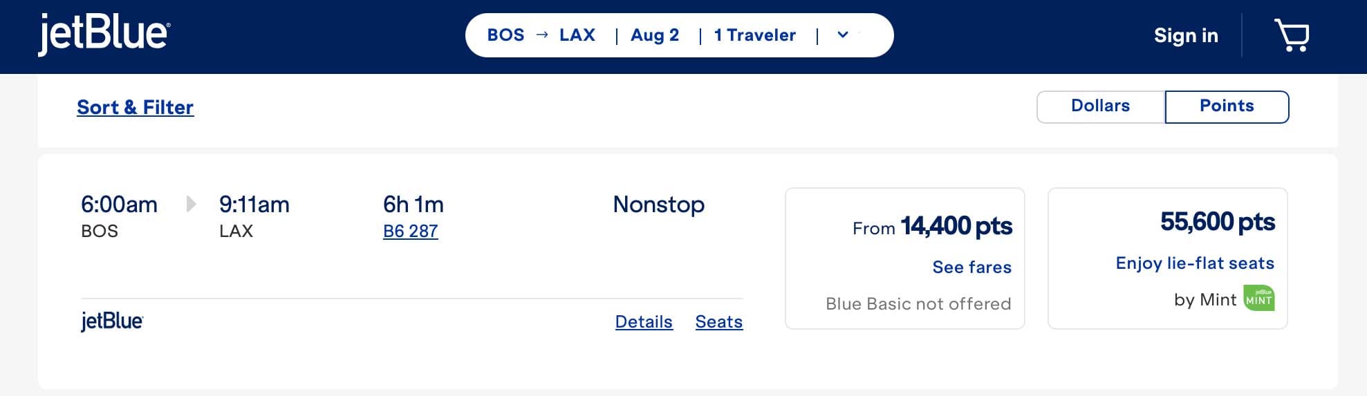 Screenshot of airline ticket itinerary and rewards points price.