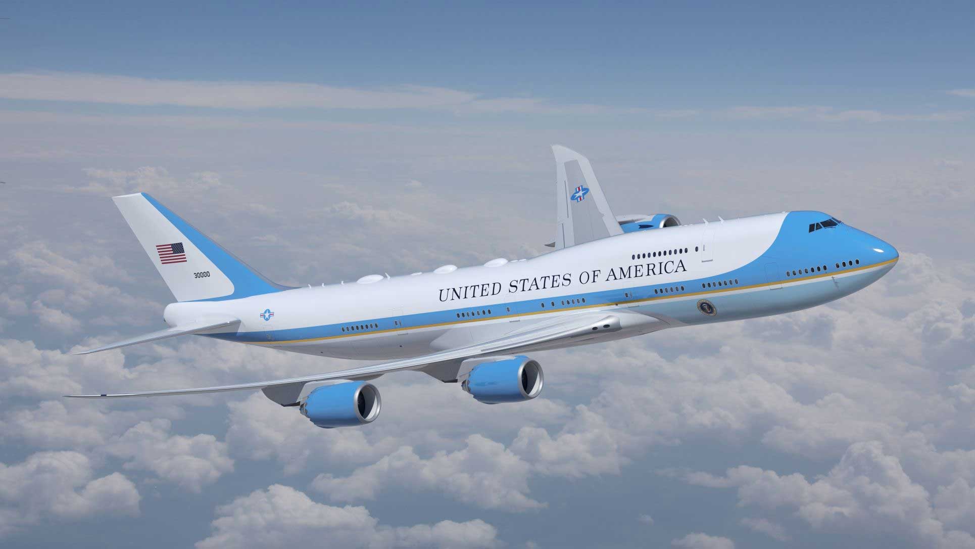 Mockup of next-generation Air Force One aircraft at altitude with traditional but slightly modified paint scheme.