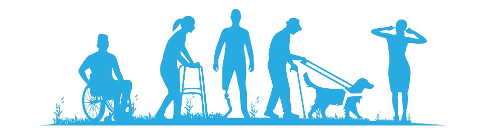 Illustration depicting people with varying disabilities, including a wheelchair user, amputee, blind person with guide dog, and deaf person.