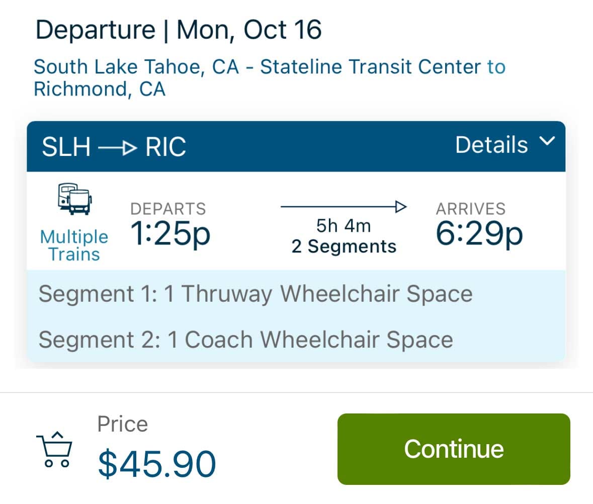 Screenshot of Amtrak itinerary and fare from South Lake Tahoe to Richmond, California.