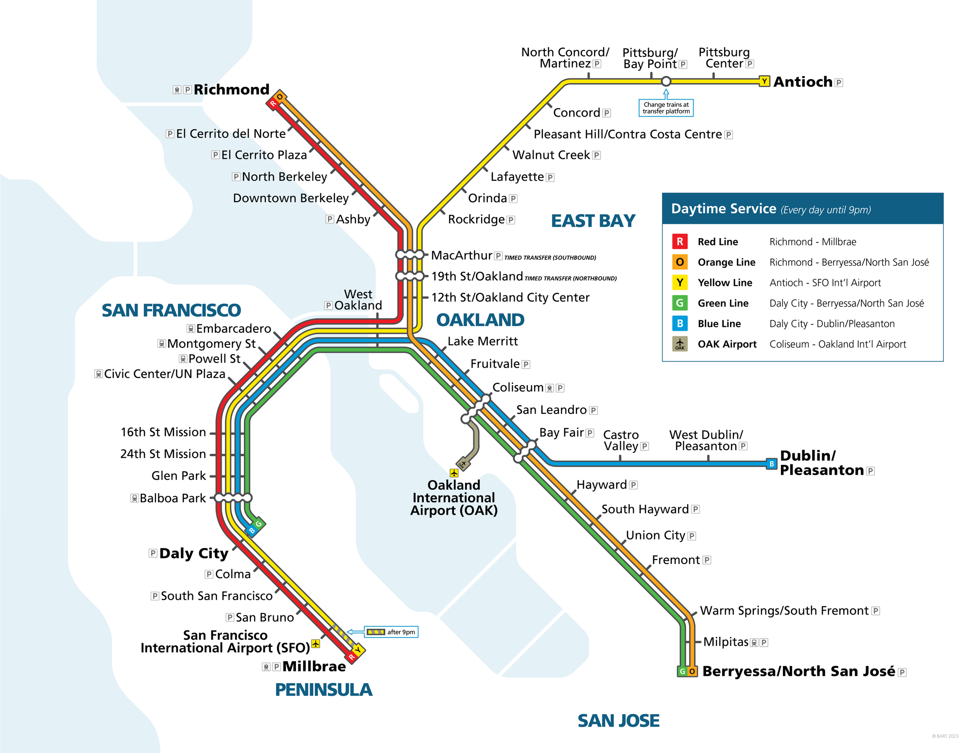 Map showing the BART system lines and stations.