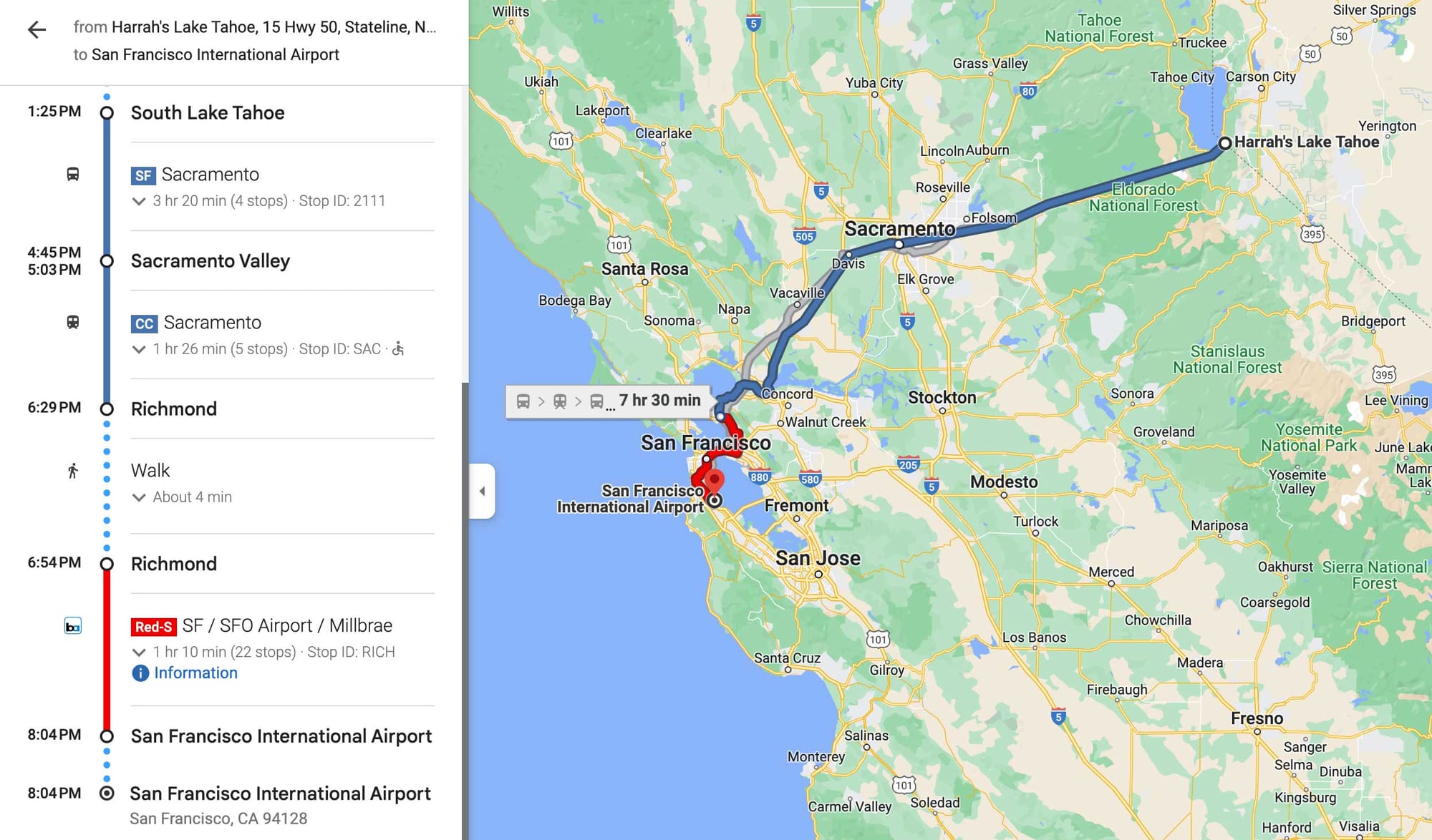 Screenshot of Google Maps public transportation route from Lake Tahoe to San Francisco Airport.