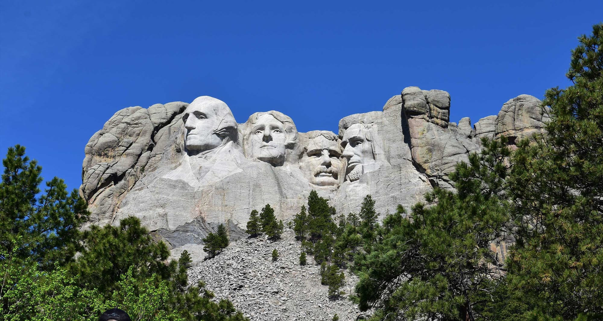 Mount Rushmore surrounded by trees and blue sky.