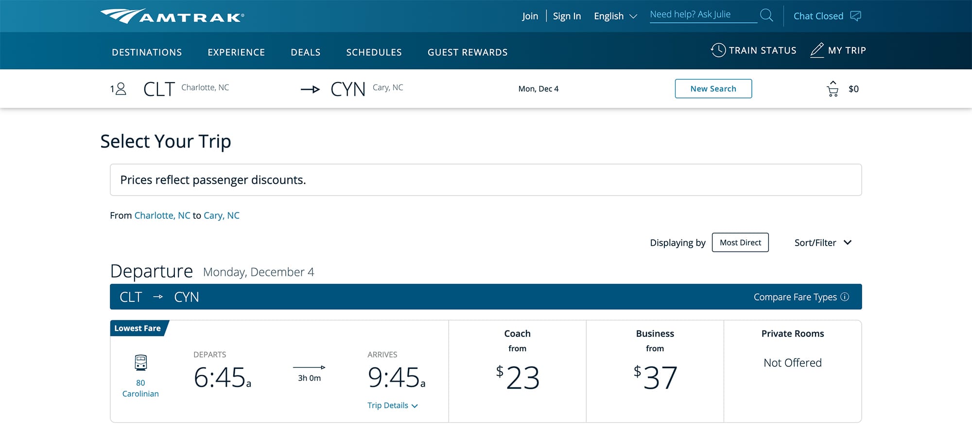 Screenshot of fares on Amtrak Carolinian service.