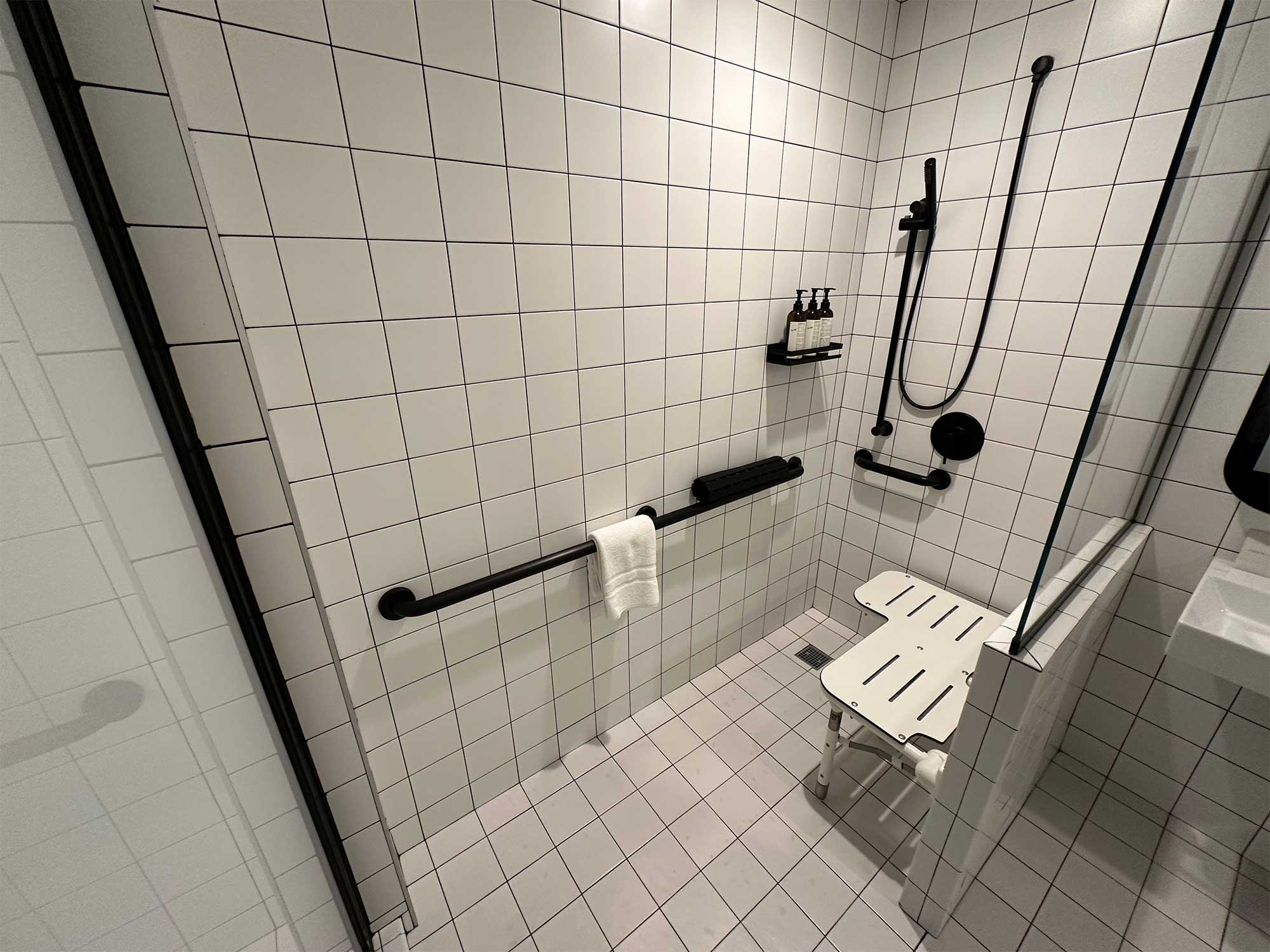 Roll-in shower with accessibility features.