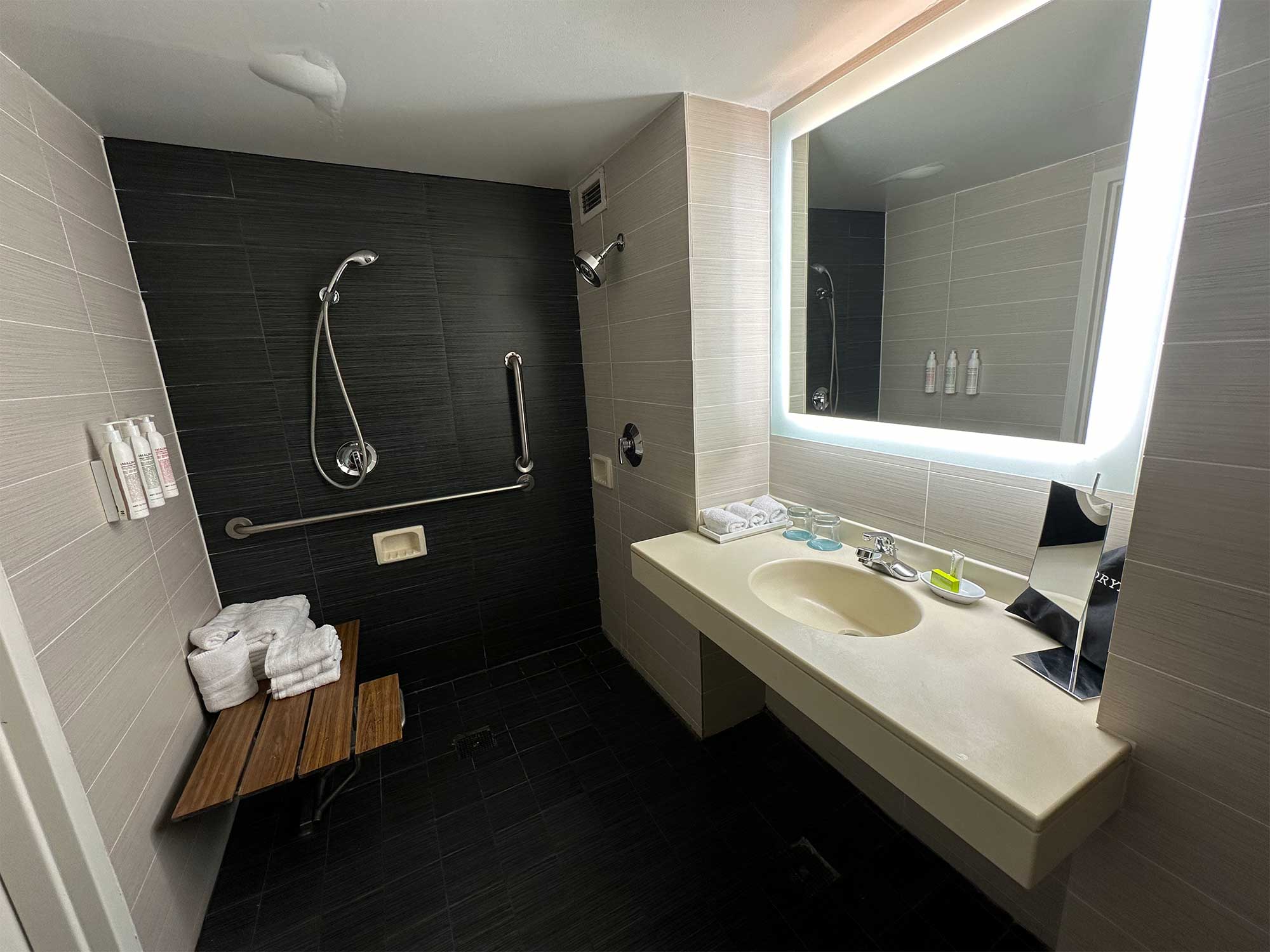 Adapted bathroom with roll-under sink and roll-in shower.