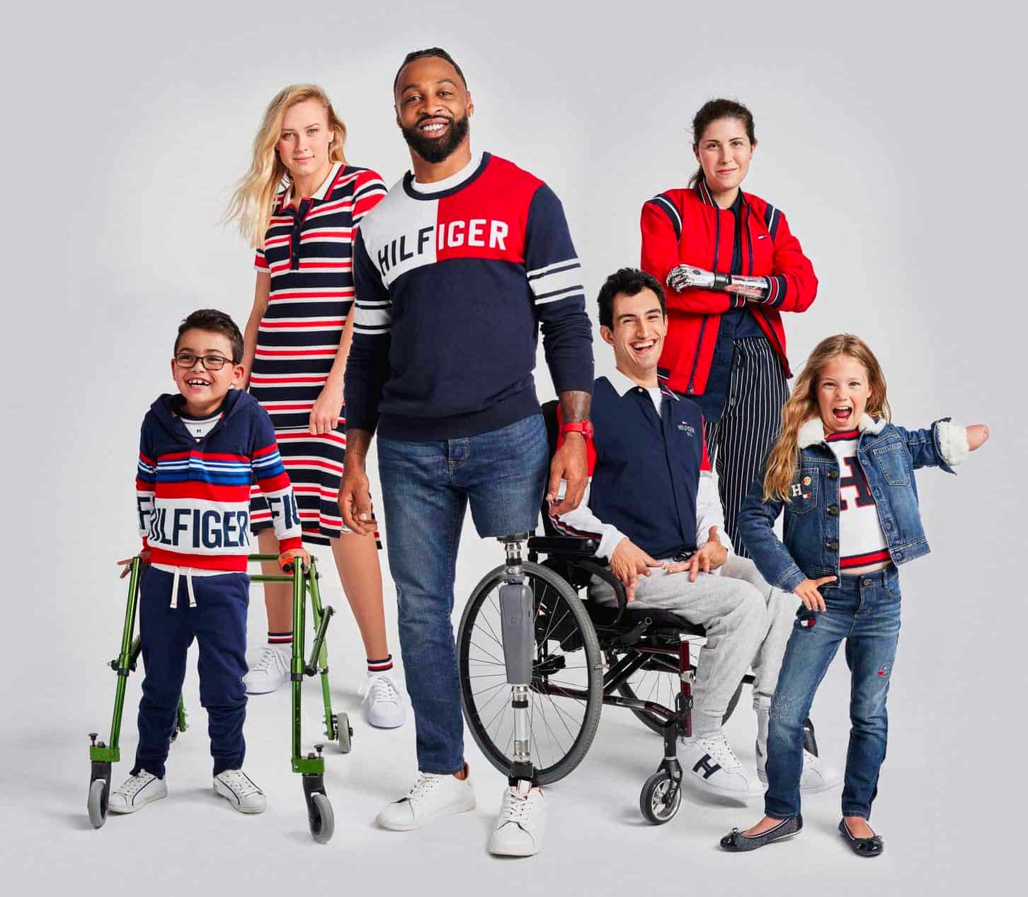 Group of disabled people wearing Tommy Hilfiger branded clothing with accessibility features.