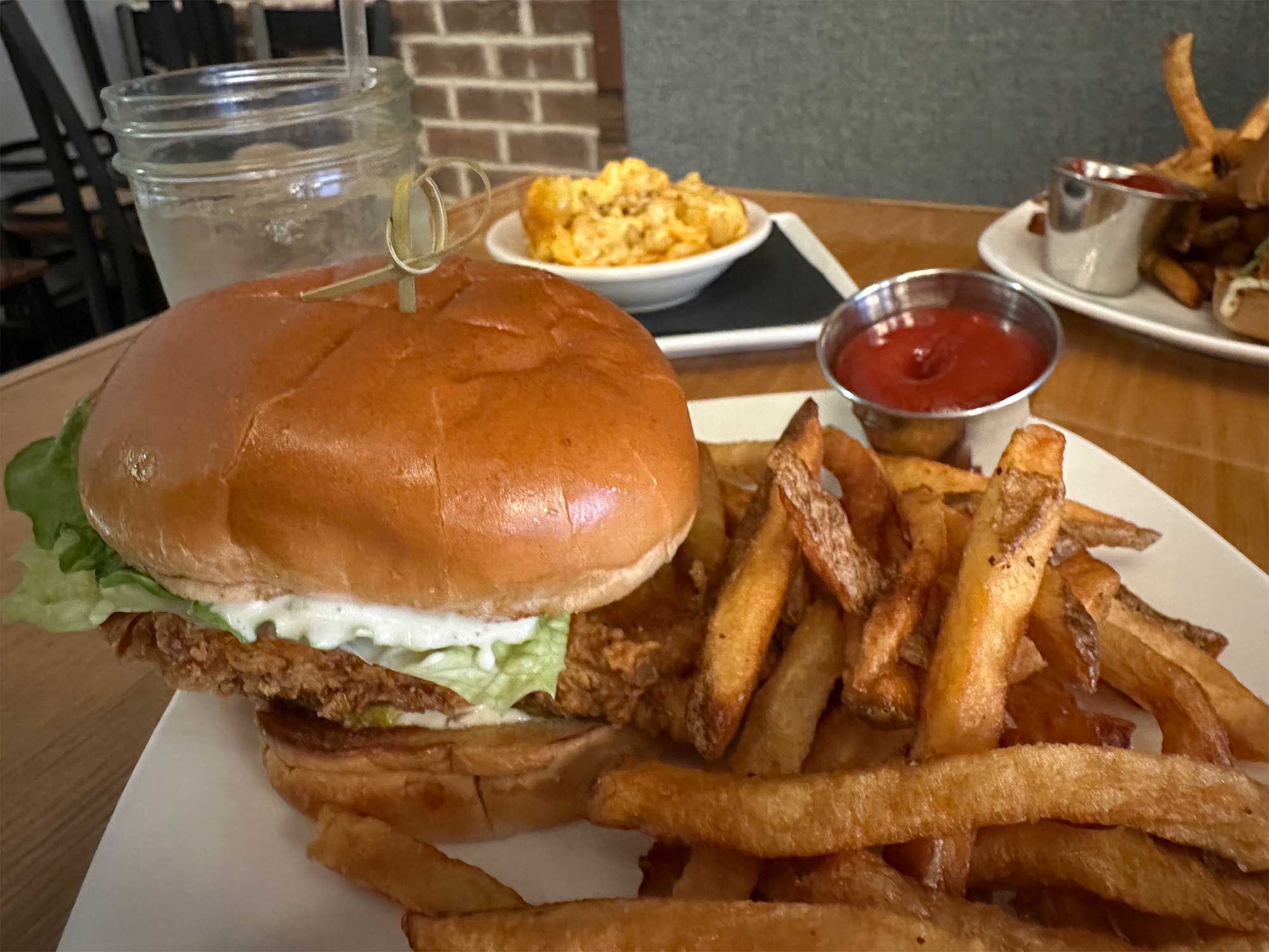 Fried chicken sandwich and French fries.