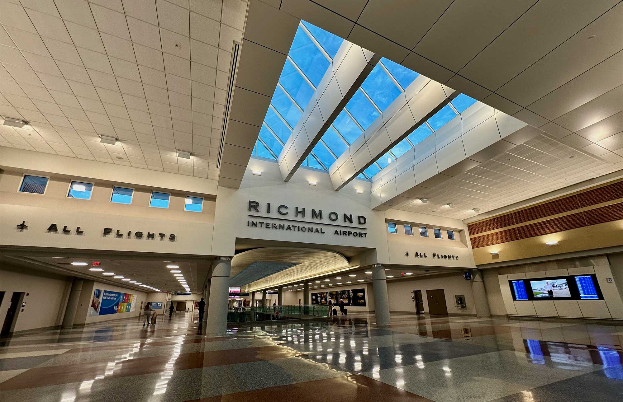 Hallway to security checkpoints and gates at Richmond Airport.