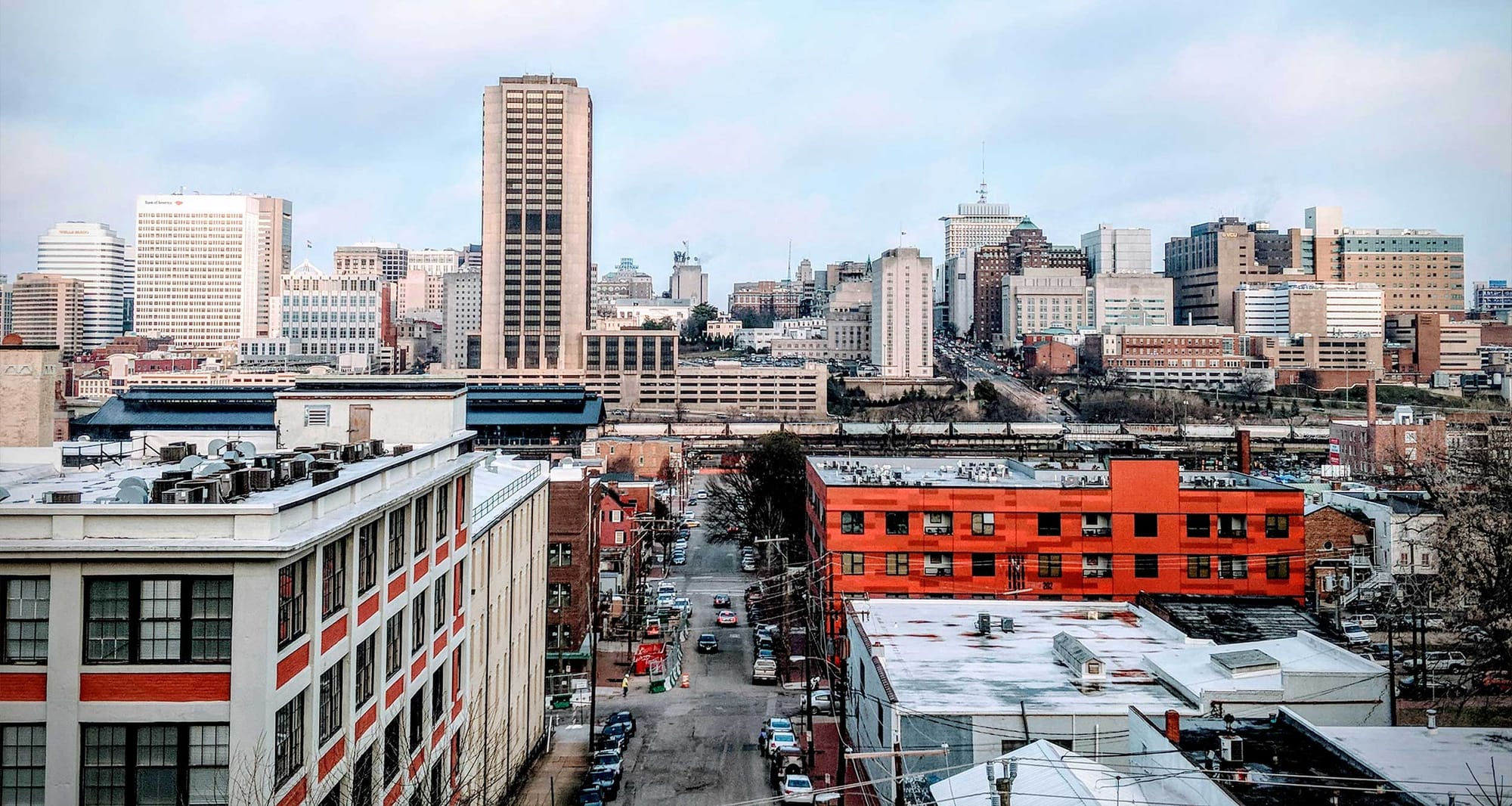 Aerial view of Richmond skyline and streets.