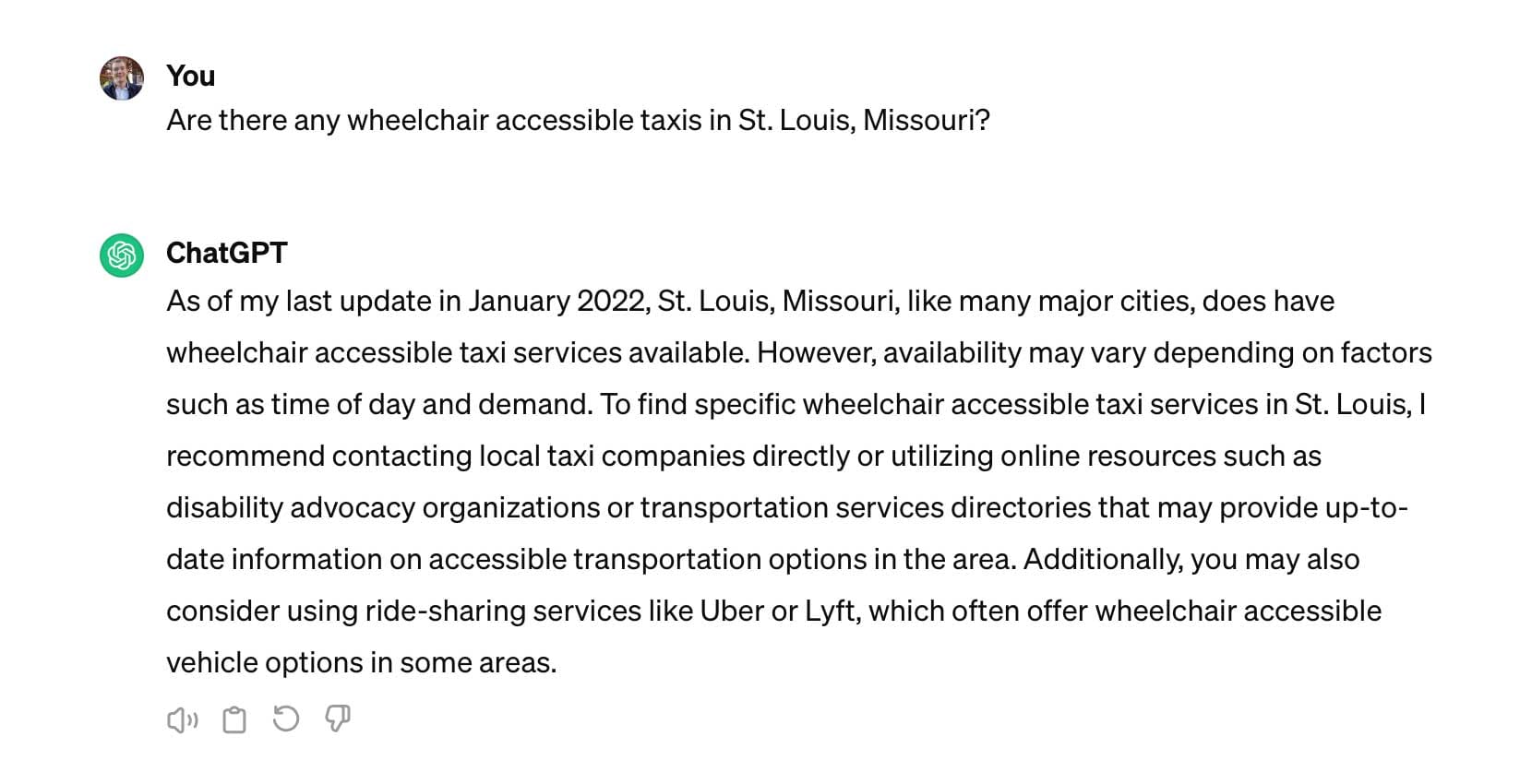 ChatGPT seems confident in saying that there are wheelchair taxis in St. Louis.