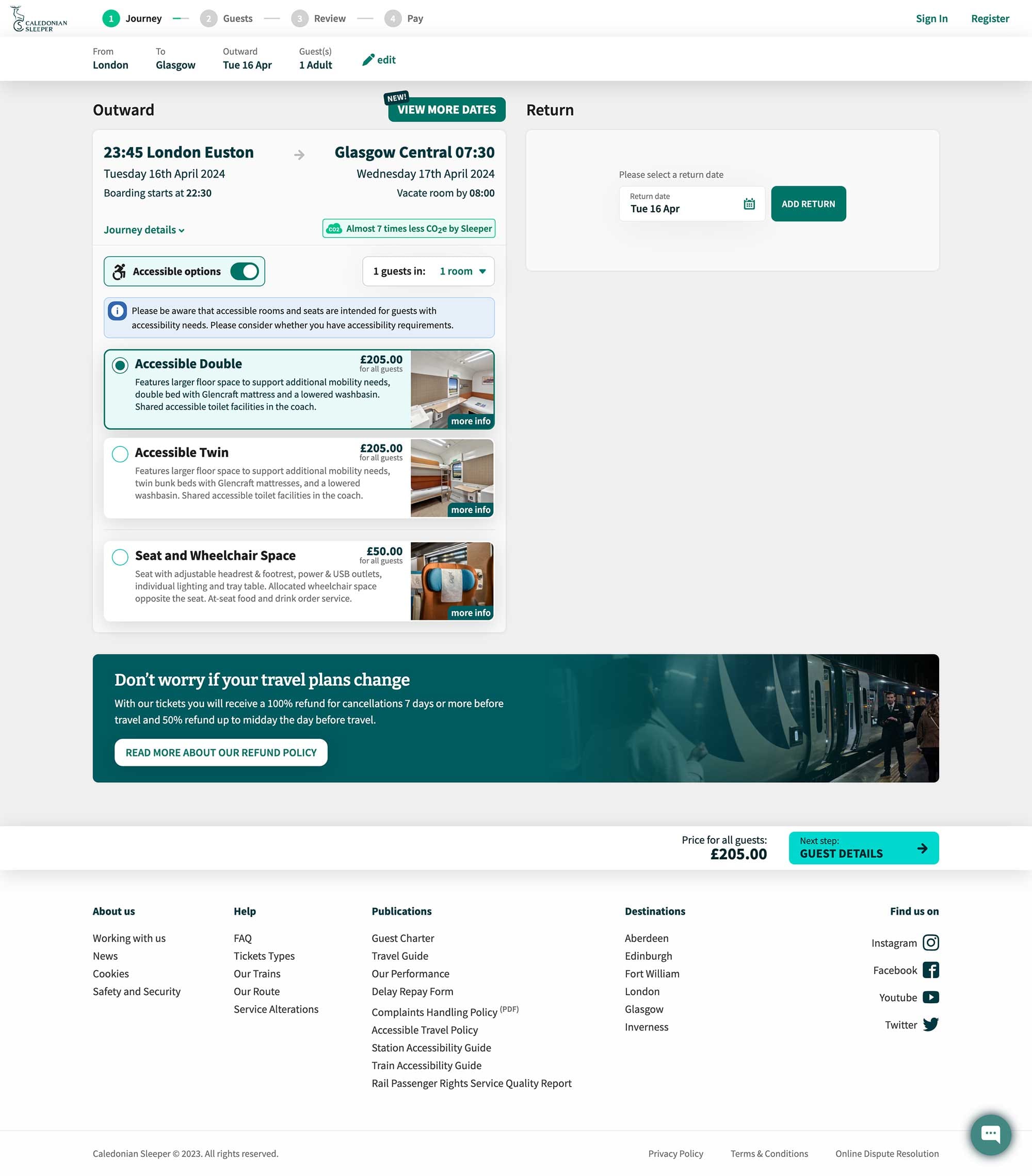 Screenshot of Caledonian Sleeper booking page on website.