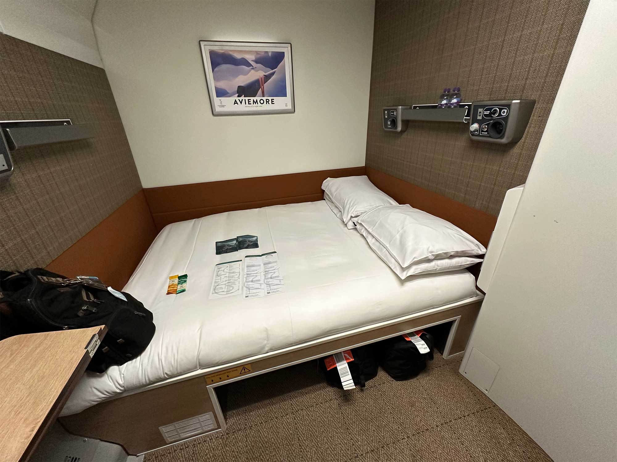 Double bed in accessible cabin.