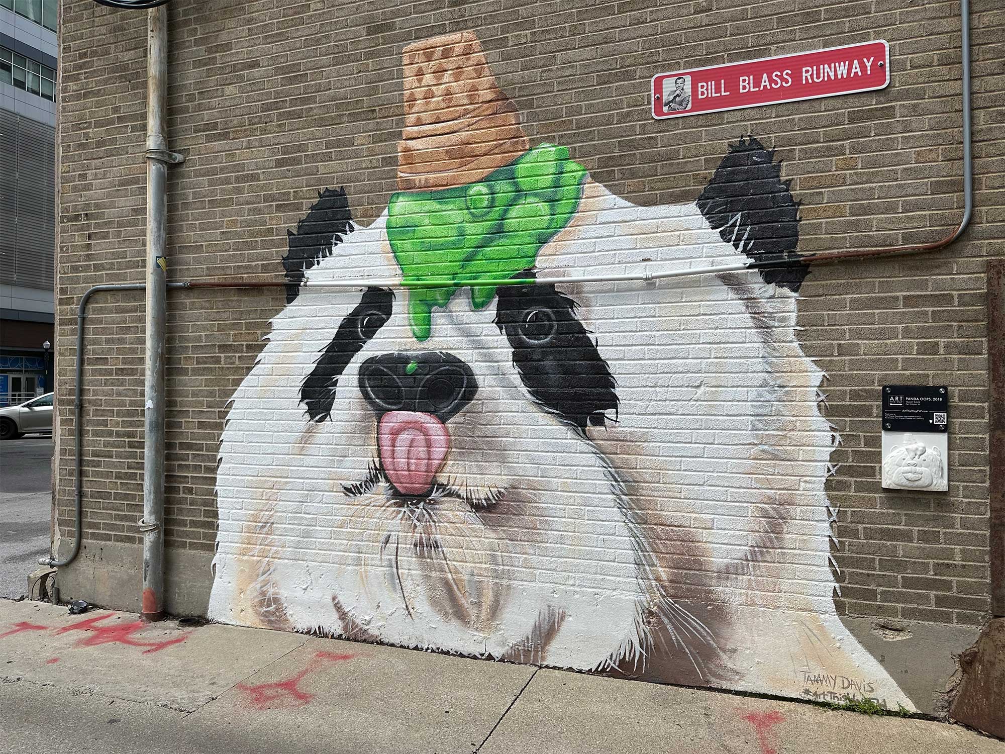 Artwork, panda bear with an ice cream cone on its head.