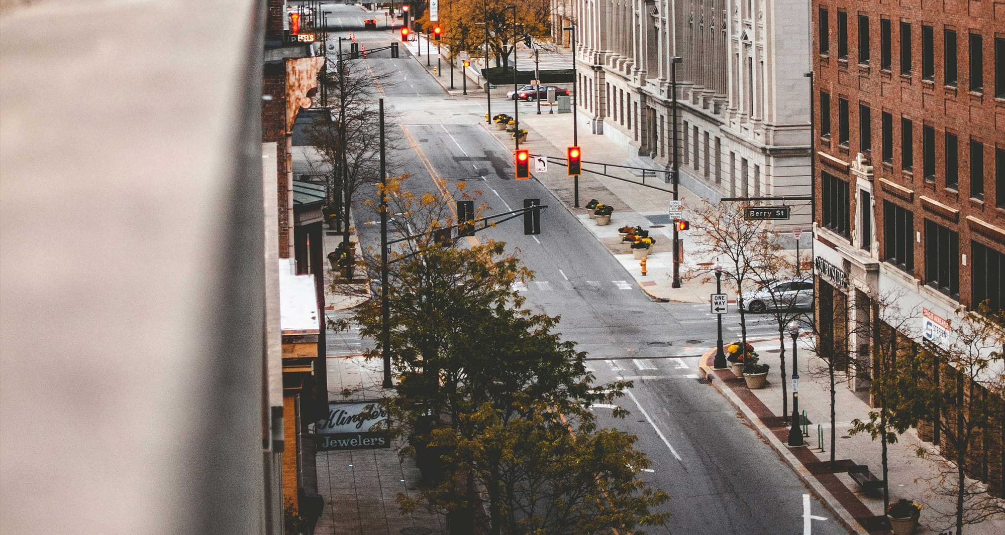 Aerial view of Fort Wayne skyline and streets.