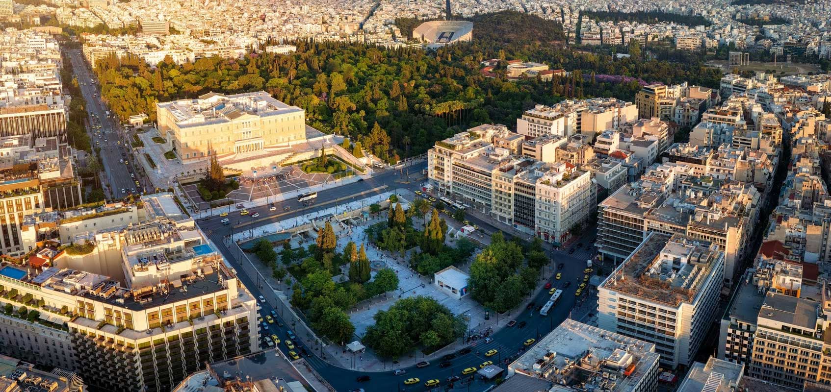 Aerial view of city square.