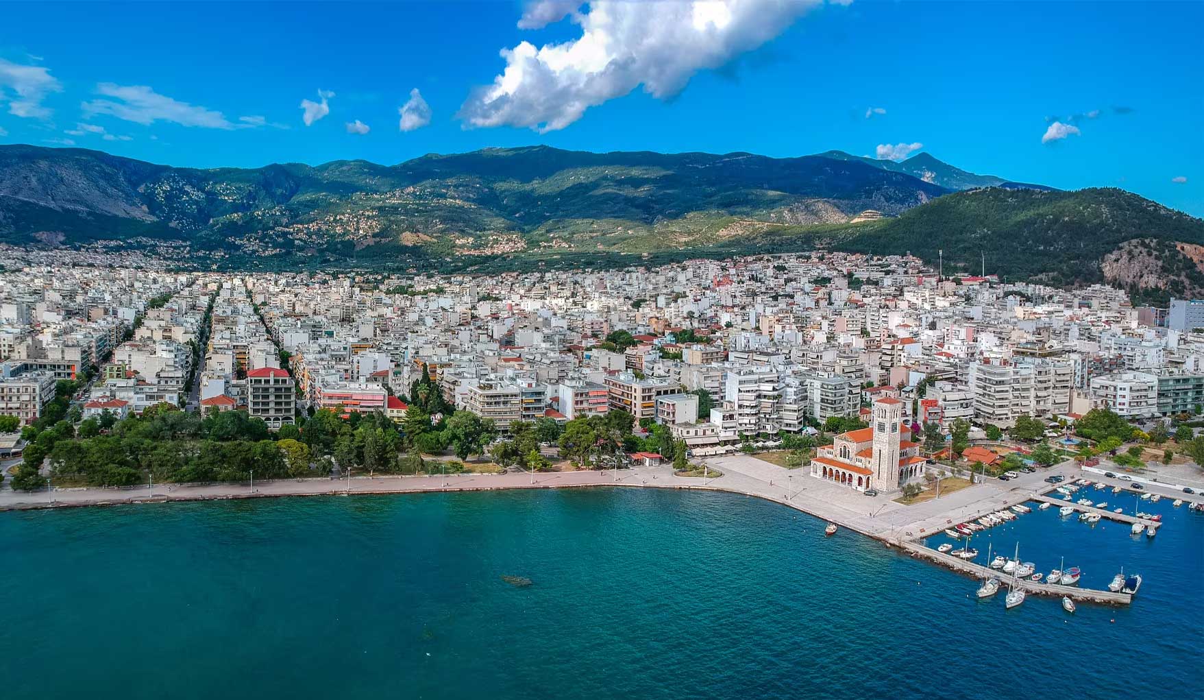 Aerial view of the coastline of the city of Volos.