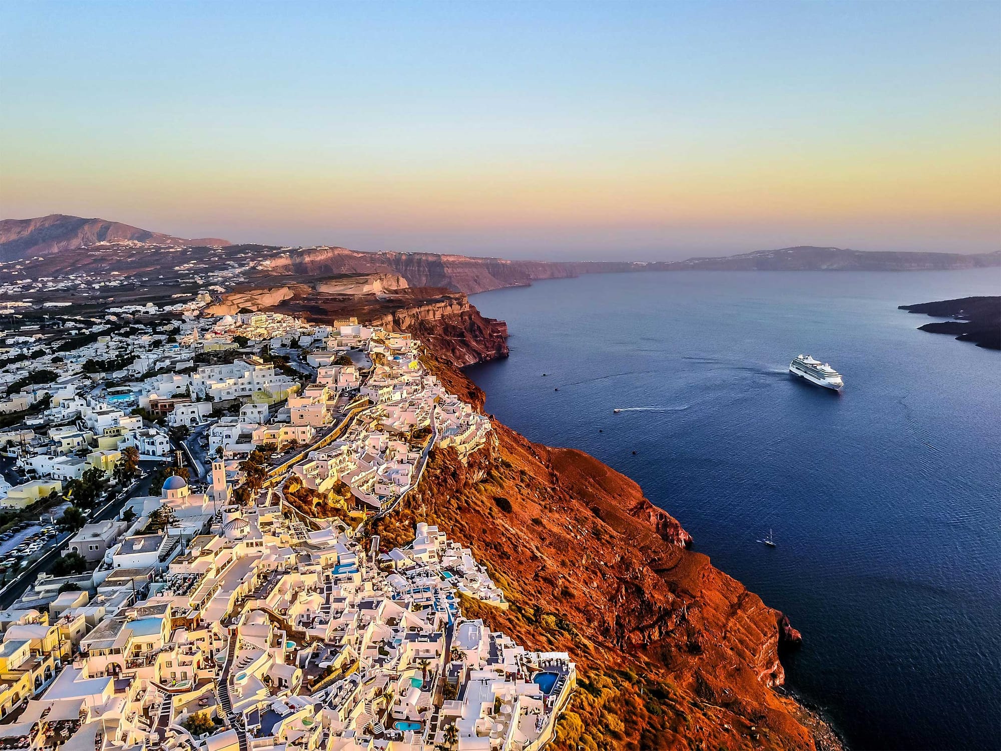 Aerial view of Santorini, Greece city and coastline.